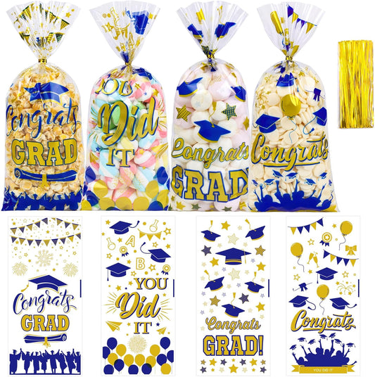50 Pcs Royal Blue and Gold Graduation Treat Bags - 5" x 11" Congrats Grad Cellophane Goodie Bags with 60 Ties, Class of 2026 Royal Blue School Color Theme Party Favor Bags, Cookies & Candy Packaging