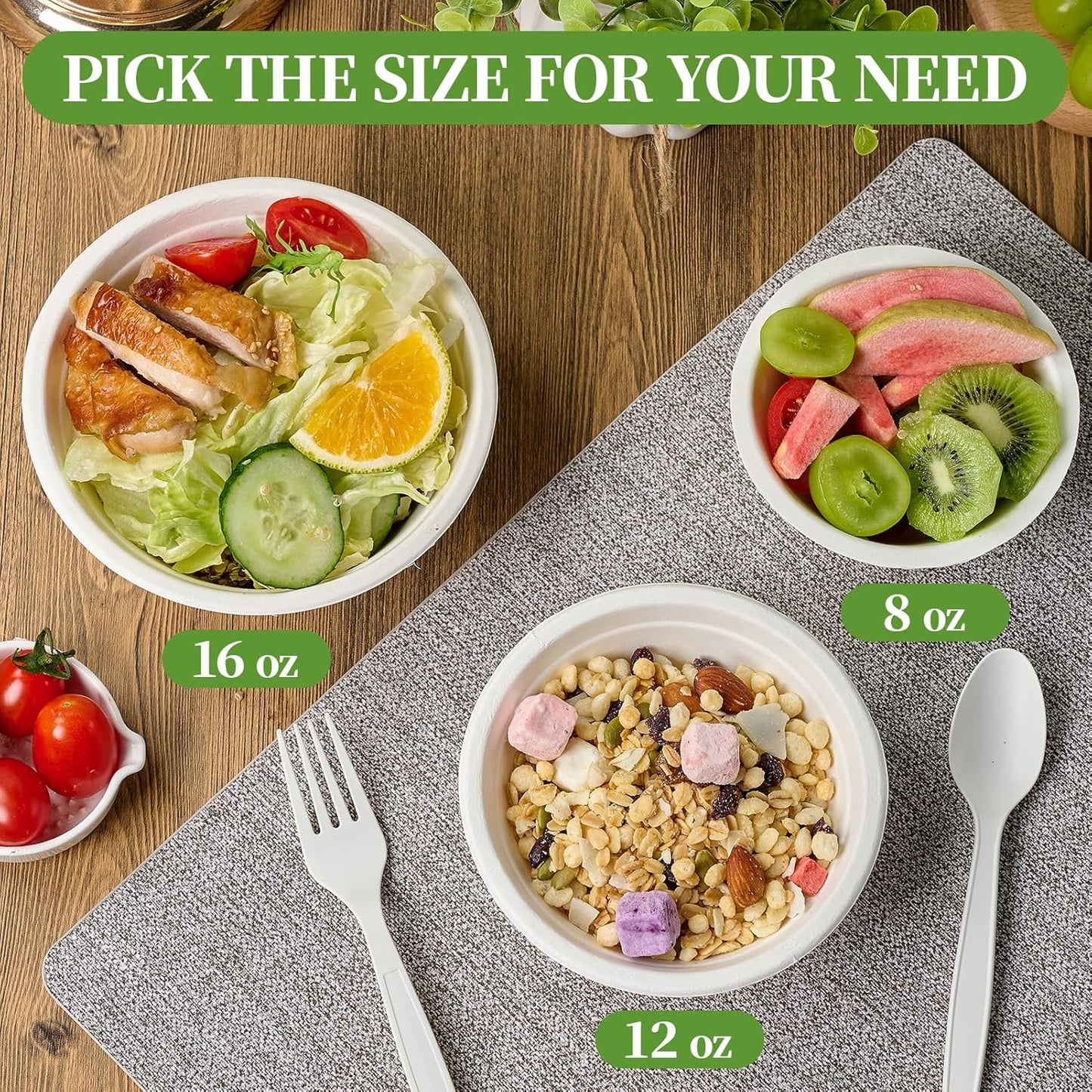 ECOLipak 150 Pack 12 oz Paper Bowls Disposable, Heavy-Duty Biodegradable Compostable Bowls Made of Natural Sugarcane Bagasse, Suitable for Salad, Dessert, Milk, Cereals