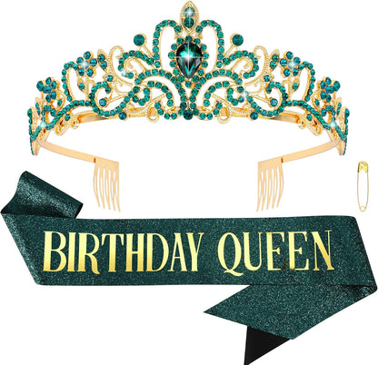 COCIDE Birthday Queen Sash & Rhinestone Tiara Set Gold Happy Birthday Crowns for Women Party Decoration Kit Rhinestone Headband for Women Glitter Crystal Hair Accessories for Cake Topper