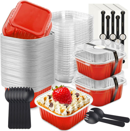 NPLUX 50 Pcs Mini Cake Pans with Lids and Spoons Aluminum Foil Mini Square Baking Cups with Lids Disposable Ramekins Cake Pans Dessert Cups for Wedding Mothers Day Gifts Party Favors(Pink,5oz)