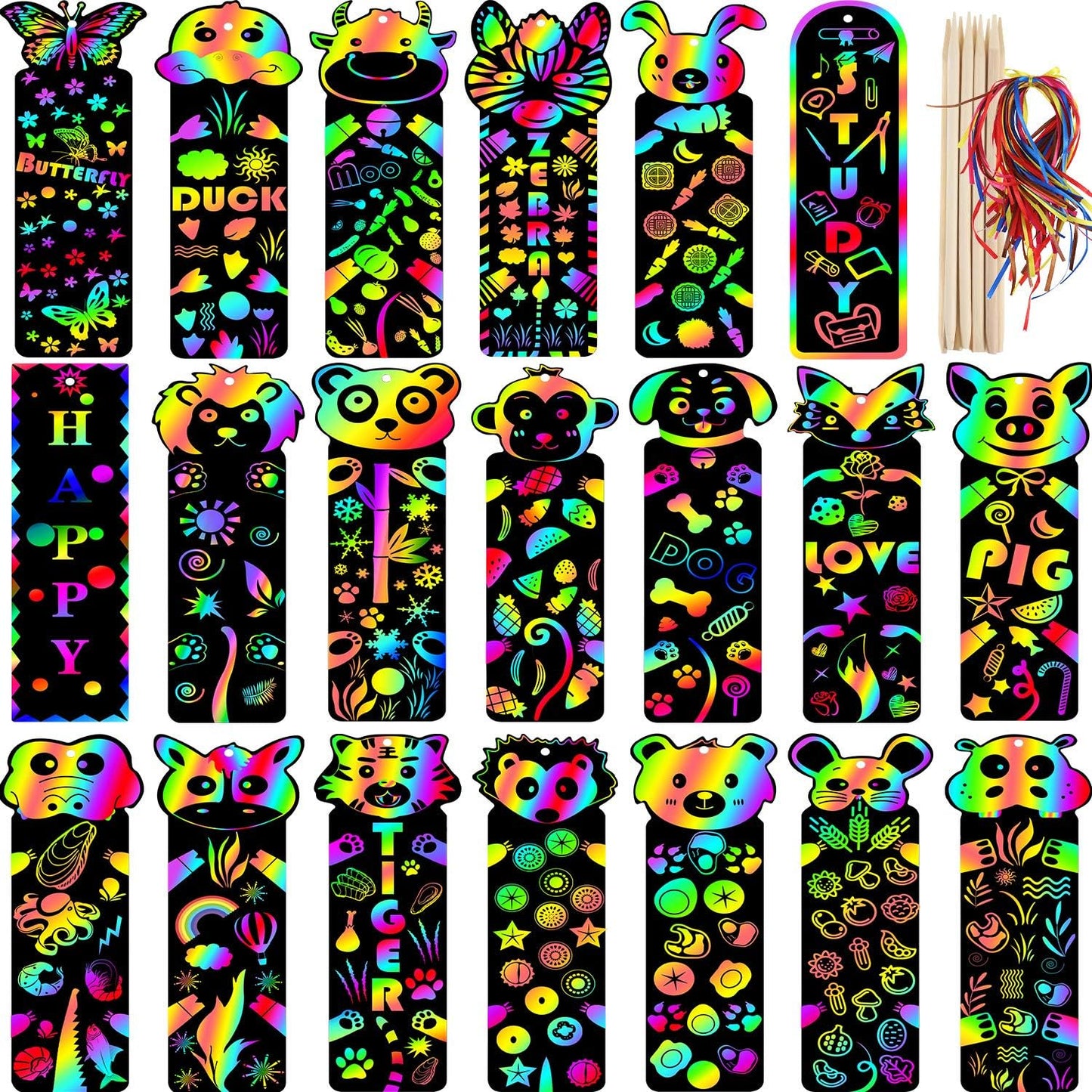 Blulu 100 Pieces 20 Styles Scratch Art Bookmarks for Kids Scratch DIY Bookmark Crafts with 100 Pcs Ropes 20 Pcs Wood Stylus End of Year Gift for Students Boys Girls Classroom