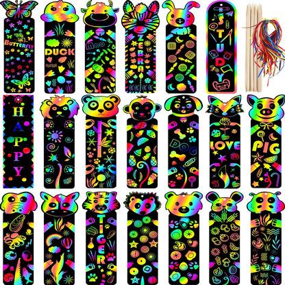 Blulu 100 Pieces 20 Styles Scratch Art Bookmarks for Kids Scratch DIY Bookmark Crafts with 100 Pcs Ropes 20 Pcs Wood Stylus End of Year Gift for Students Boys Girls Classroom