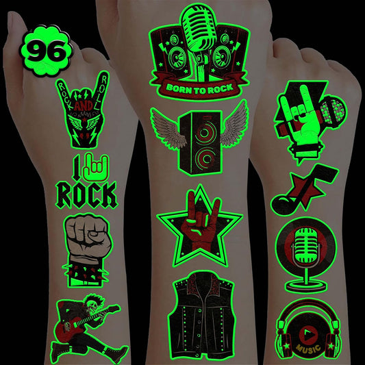 96PCS Born To Rock N Roll Rocks Luminous Glow in the Dark Pre-Cut Temporary Tattoos Themed Music Band Birthday Party Decorations Favors Supplies Decor Rockstar Guitar Stickers For Kids (Normal)