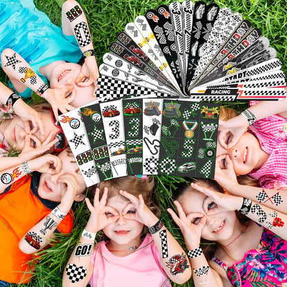 96 PCS Checkered Flags Party Favors Set – 72 Pre-Cut Temporary Tattoos & 24 Slap Bracelets for Kids, Perfect for Racing Birthday Parties, Car-Themed Celebrations & Classroom Rewards