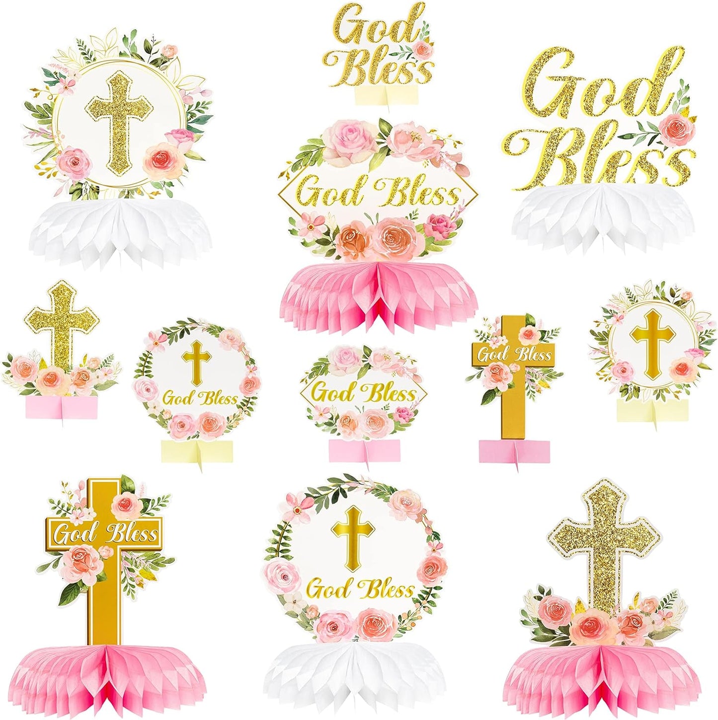 ANGOLIO White Gold Floral Honeycomb Centerpieces - 12Pcs Cross Rose Greenery God Bless Baptism Party Decoration Baby Shower First Communion Birthday Party Supplies for Boy Girl 3D Wedding Table Topper