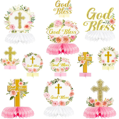 ANGOLIO White Gold Floral Honeycomb Centerpieces - 12Pcs Cross Rose Greenery God Bless Baptism Party Decoration Baby Shower First Communion Birthday Party Supplies for Boy Girl 3D Wedding Table Topper
