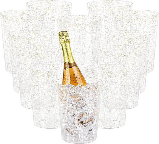 Tiawudi 12 Pack Plastic Ice Bucket For Parties, Gold Glitter Clear Wine Cooler for Wedding, Good as One Large Champagne Chiller Or Classic Wine Bottle Chiller