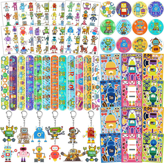 Robot Party Favors, Robot Temporary Tattoos Slap Bracelets Keychains Stickers Badges for Robot Birthday Party Decorations Supplies Gifts for Kids Classroom Rewards