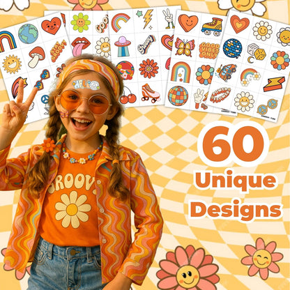 60PCS Groovy Temporary Tattoos for Kids | Pre-Cut Cute Retro Hippie Fake Tattoos, Birthday Party Favors, Classroom Rewards, Party Supplies for Boys & Girls
