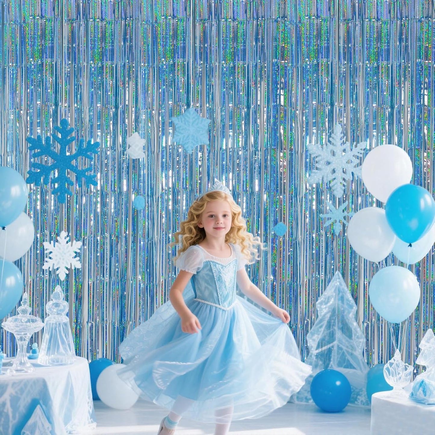 Iridescent Party Decorations Fringe Backdrop, Sparkling Holographic Foil Fringe Tinsel Curtains for Frozen Mermaid Birthday Party Decor - 3.28x6.56ft 2 Packs