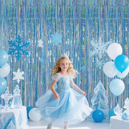 Iridescent Party Decorations Fringe Backdrop, Sparkling Holographic Foil Fringe Tinsel Curtains for Frozen Mermaid Birthday Party Decor - 3.28x6.56ft 2 Packs