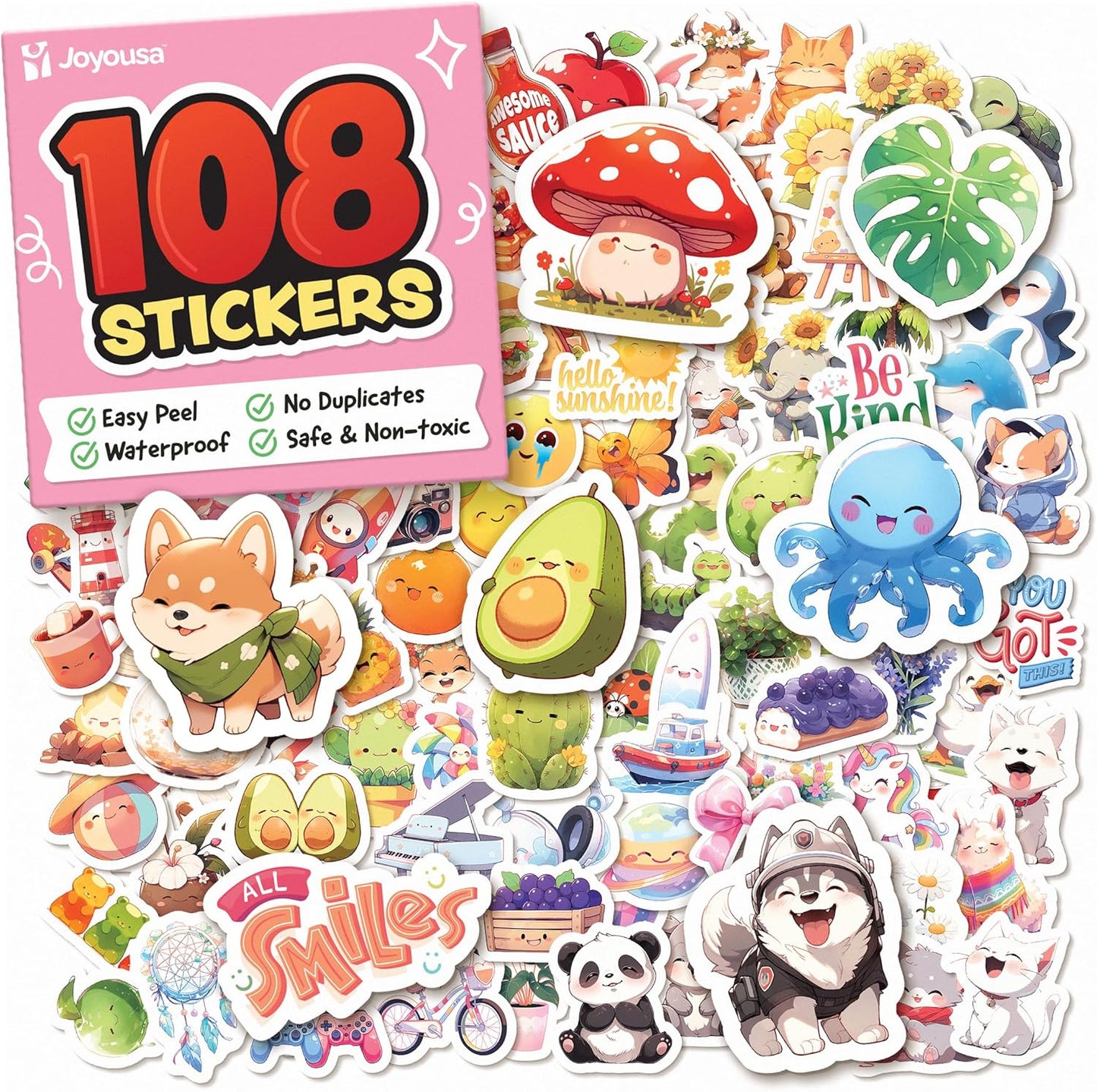Cute Stickers for Kids - Kawaii Water Bottle Stickers for Teens - 108pc Sticker Pack - Waterproof Vinyl Stickers for Water Bottles, Scrapbook, Laptops, Etc.