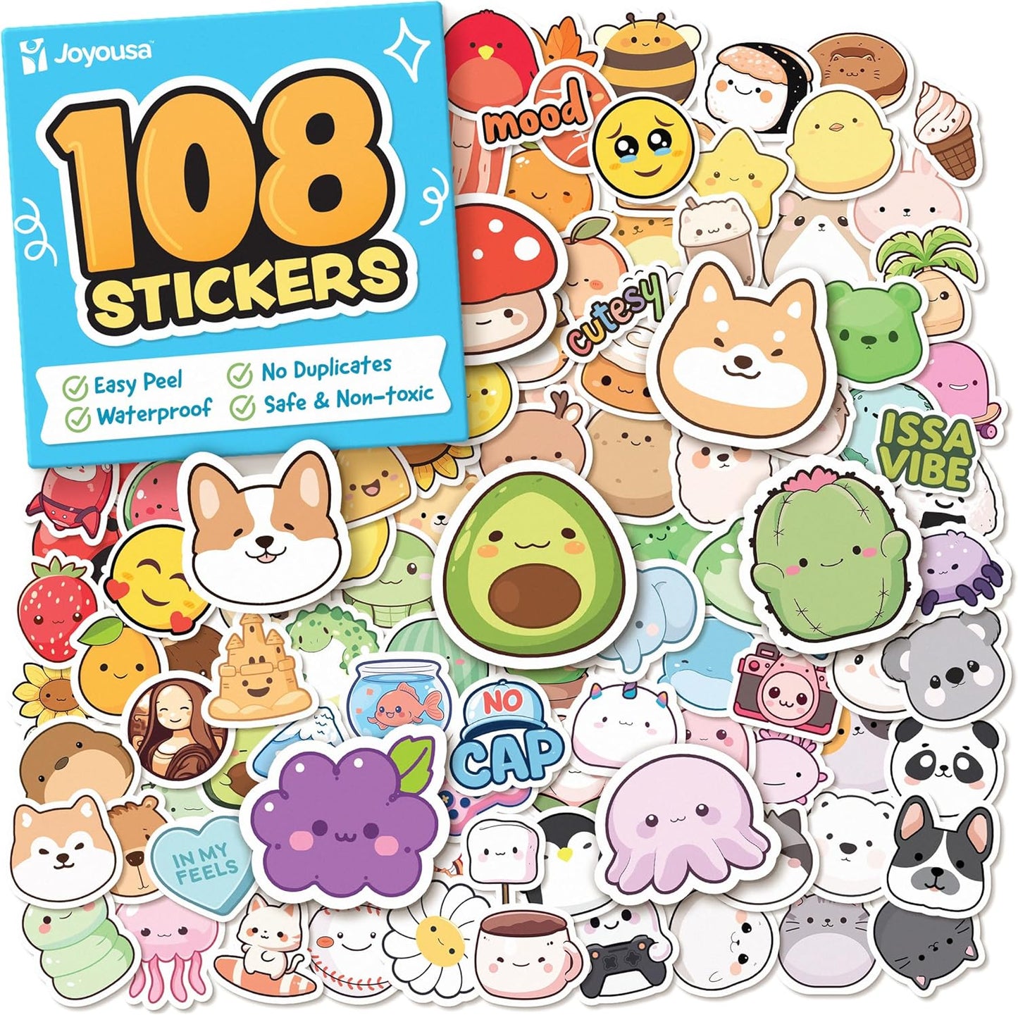 Cute Stickers for Kids - Kawaii Water Bottle Stickers for Teens - 108pc Sticker Pack - Waterproof Vinyl Stickers for Water Bottles, Scrapbook, Laptops, Etc.