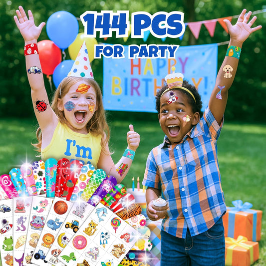 144PCS Party Favor Classroom Prizes For Kids - 72 Temporary Pre-Cut Tattoos & 72 Slap Bracelets – Fun Party Favors for Boys & Girls, Birthday Goodie Bag Fillers, Baby Shower Gifts, Classroom Rewards