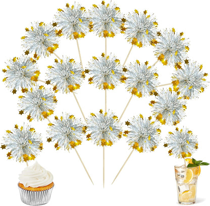 Ephlyn 30Pcs Foil Firework Cupcake Toppers Sparkle Tinsel Cupcake Picks Drink Stirrers Cocktail Food Fruit Toothpicks for Baby Shower Graduation Party Supplies White