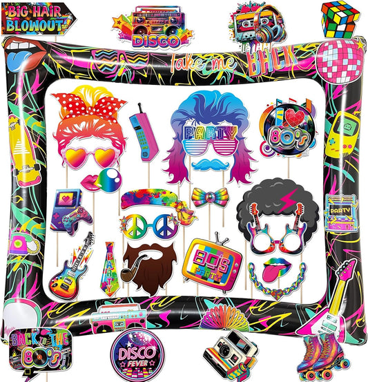 Hawaiian Photo Booth Props & Inflatable Frame, 30Pcs Luau Photobooth Props with Large Inflatable Inflatable Selfie Picture Frame for Summer Tropical Aloha Luau Party Selfie Supplies