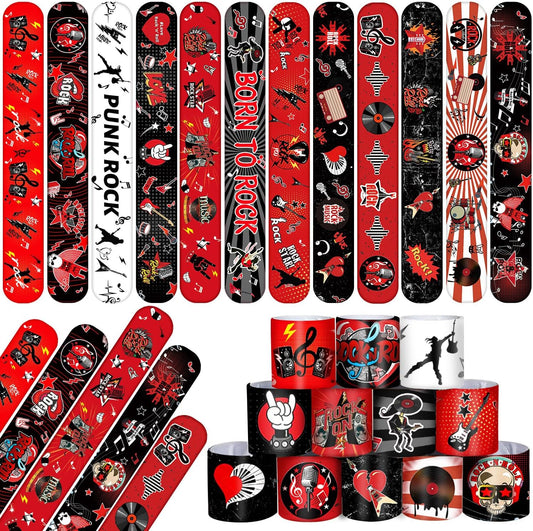 48PCS Rock and Roll Party Favors Slap Bracelets Wristbands Rock Star Party Decorations Supplies for 80s 90s Born to Rock Rock Fake Musician Guitar Rap Theme Party