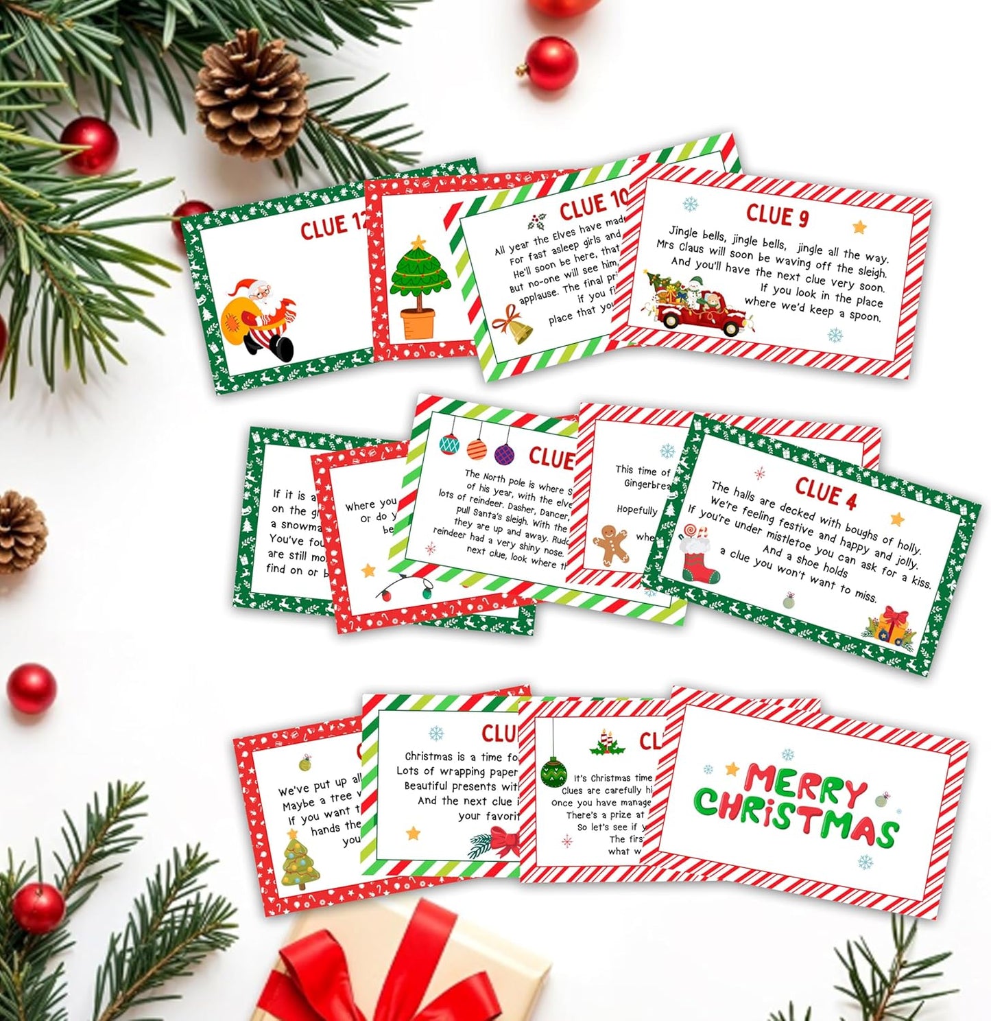 Christmas Treasure Hunt Clue Game, Winter Xmas Scavenger Games for Adults, Merry Christmas Party Activities, Santa Holiday Xmas Party Supplies (12 Cards with 12 Colorful Envelopes) -04
