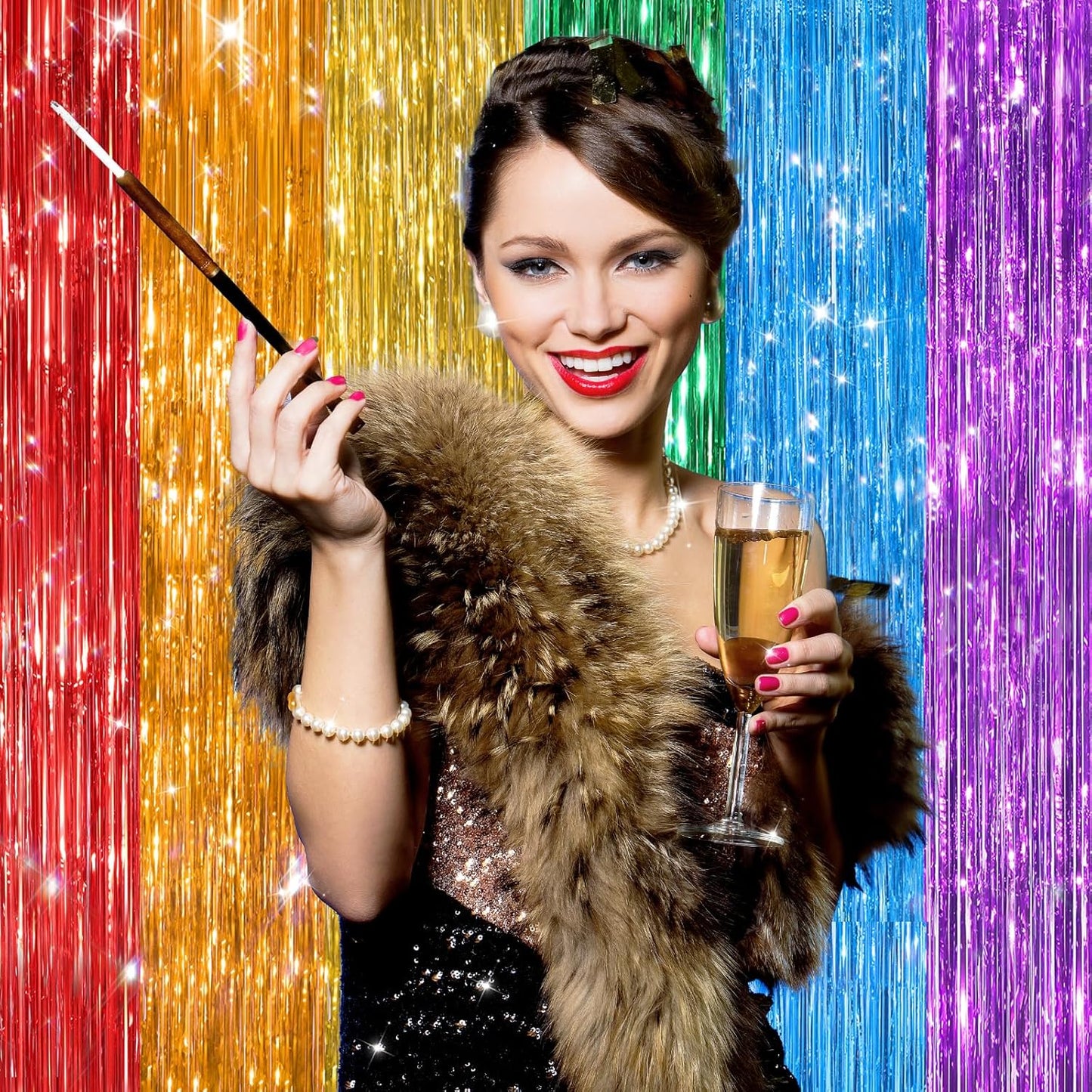 GCB 2Pack Black Metallic Tinsel Foil Fringe Curtains, Black Foil Curtain Backdrop, Photo Booth Props for Birthday Wedding Baby Shower Bachelorette Xmas Celebration Party Decorations Door Streamers