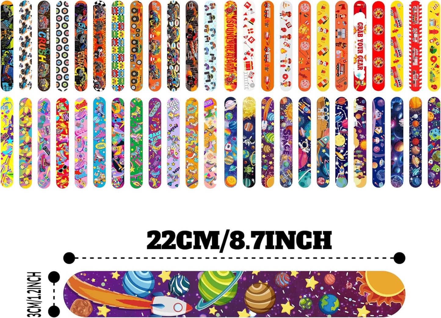 Slap Bracelets Party Favors 48Pcs Slap Bracelets Bulk Party Snap Bracelets Gifts for kids Butterflies,Space multi-themed School Classroom Prizes Exchange (B:Space,Trucks,Fire trucks,Roller skates)