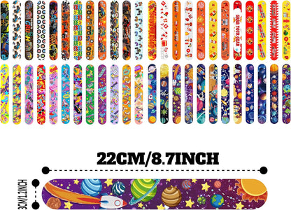 Slap Bracelets Party Favors 48Pcs Slap Bracelets Bulk Party Snap Bracelets Gifts for kids Butterflies,Space multi-themed School Classroom Prizes Exchange (B:Space,Trucks,Fire trucks,Roller skates)