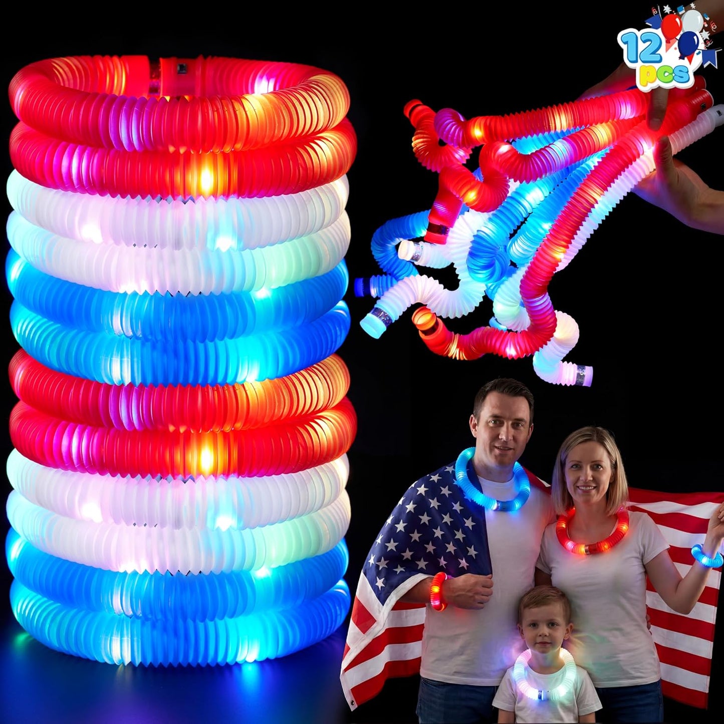 JOYIN 12 PCS 4th of July Red White Blue Glow Sticks & Light Up Pop Tubes, Patriotic Glow Toys Light up Bracelet Necklace, Independence Day Party Favors Supplies for Parade, Camp Games & Activities