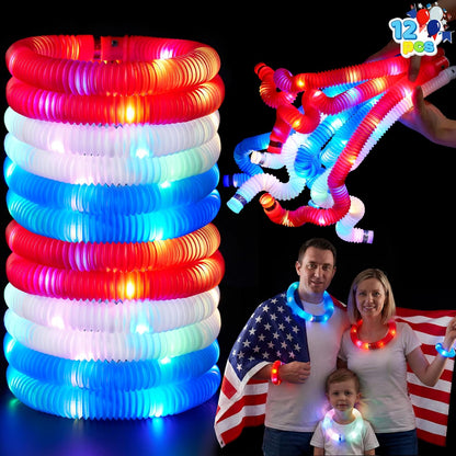 JOYIN 12 PCS 4th of July Red White Blue Glow Sticks & Light Up Pop Tubes, Patriotic Glow Toys Light up Bracelet Necklace, Independence Day Party Favors Supplies for Parade, Camp Games & Activities