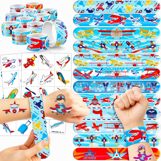 72PCS Airplane Party Favors - 48 Pre-cut Temporary Tattoos & 24 Airplane Slap Bracelets - Themed Birthday Party Supplies for Boys & Girls - Perfect Decorations, Gifts, School Prizes, Carnival Rewards