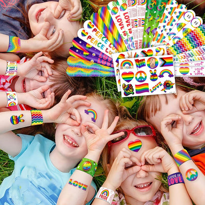 48PCS Pride Party Set - 24PCS Rainbow Temporary Tattoos & 24PCS Slap Bracelets-LGBTQ+Celebration Supplies, Birthday Gifts, Baby Shower Favors, Classroom Rewards,Party Decor for Kids (Boys & Girls)