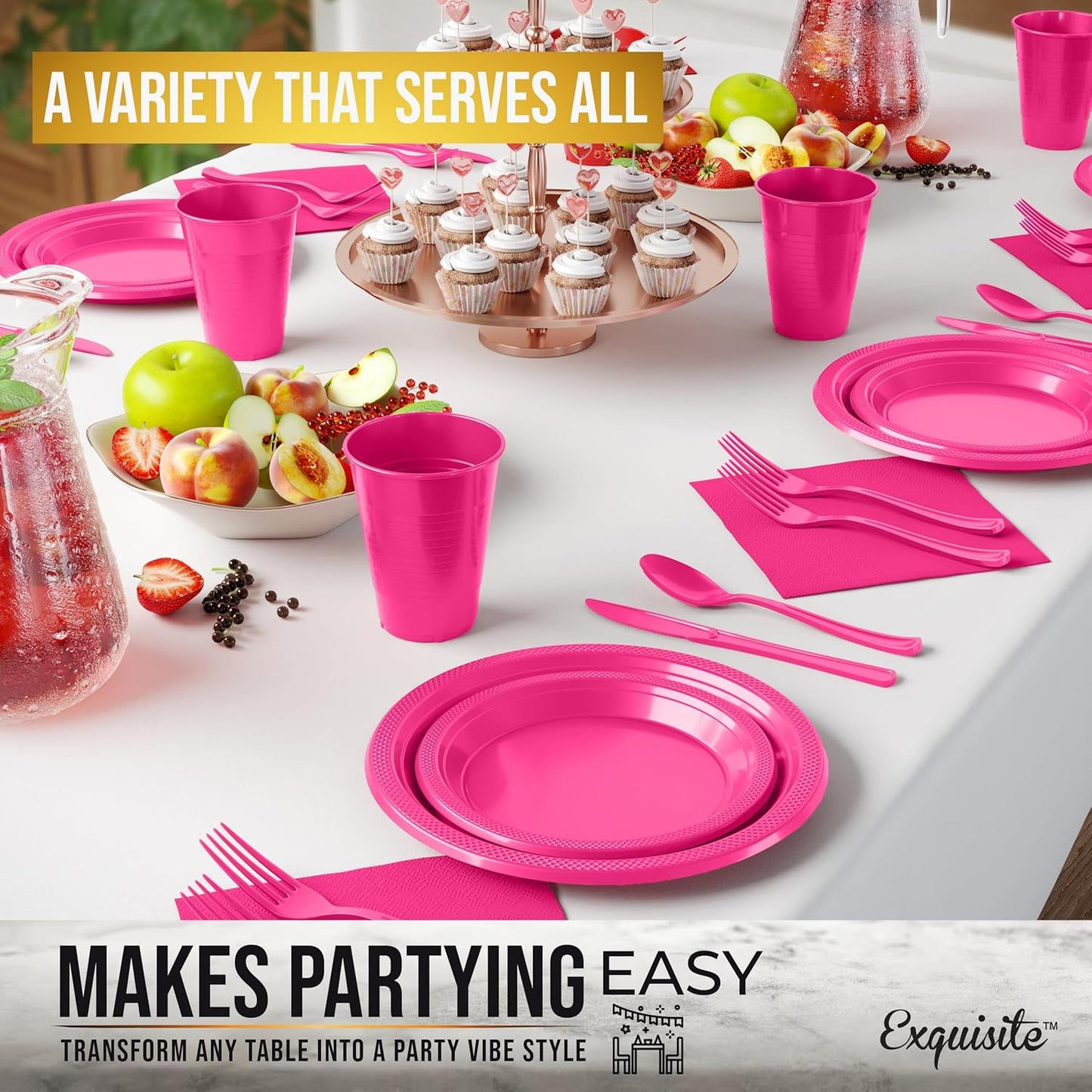350 Pcs Black Plastic Plates For Party, Black Disposable Plates Set, 50 Of Each 9" Dinner Plate Set, 7" Dessert Plate, Cups, Napkins & Cutlery Plastic Dinnerware Set Exquisite