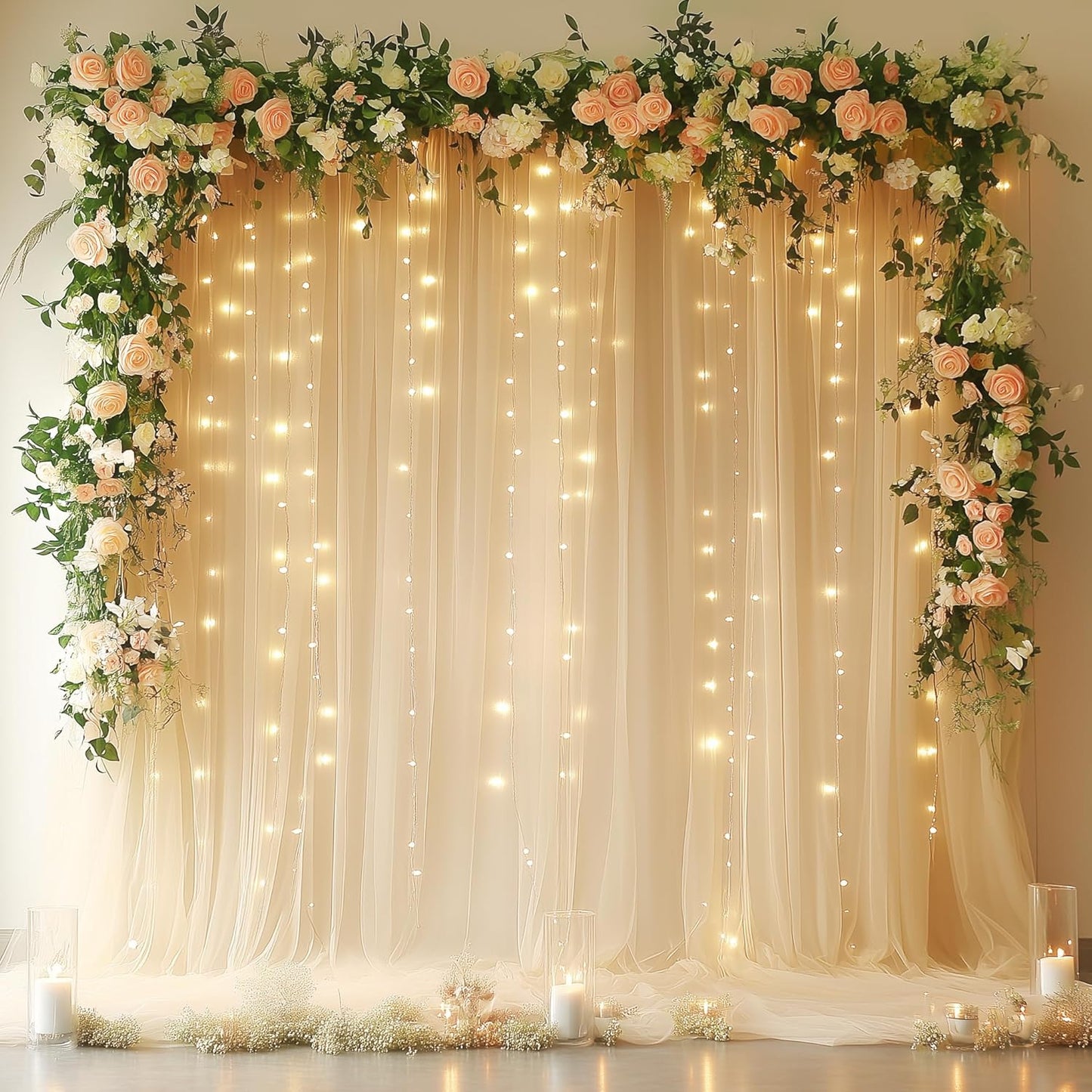Fomcet Tulle Backdrop Curtains with Lights String White 10FT X 8FT Sheer Curtain with Lights Tulle Curtains Backdrop for Wedding Birthday Party Baby Shower Photo Shoot (2 Panels 5x8FT)