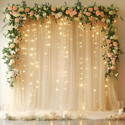 Fomcet Tulle Backdrop Curtains with Lights String White 10FT X 8FT Sheer Curtain with Lights Tulle Curtains Backdrop for Wedding Birthday Party Baby Shower Photo Shoot (2 Panels 5x8FT)
