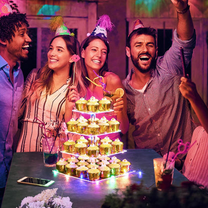 Suneerplay 4 Tier Cupcake Stand with LED String Light, Acrylic Cupcake Display Stand, Square Cupcake Tower Holder, Cup Cake Stand for Birthday, Wedding, Baby Shower, Party