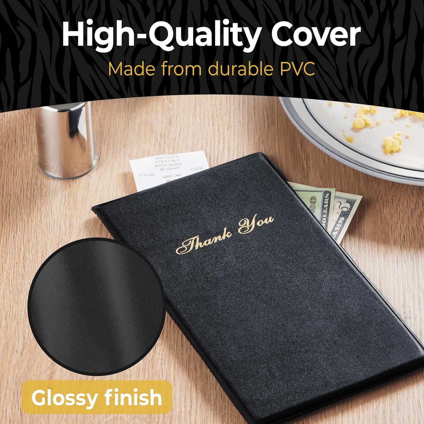 Restaurant Check Presenters - Guest Check Card Holder with Gold Thank You Imprint - 5.5" x 10" Black 20 Pack, Standard Server Book - Waitress Book