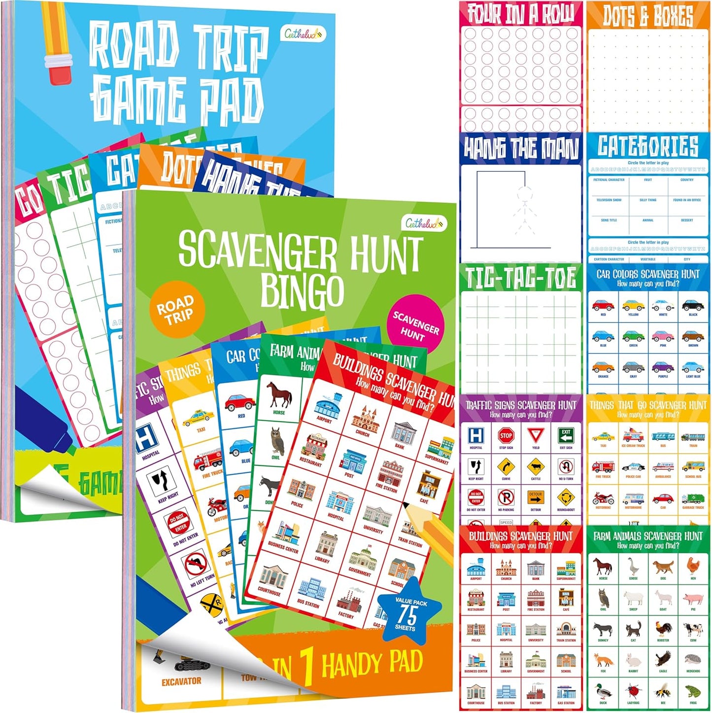 Road Trip Game Pad, 5 Games in 1 (Farm Animals, Car Colors, Buildings, Traffic Signs, Vehicles Scavenger Hunt Bingo), Pen Pencil Paper Game, Plane Trip/ Car Travel/Getaway Activity Pad for Kid, Adult