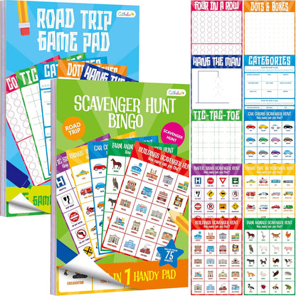 Road Trip Game Pad, 5 Games in 1 (Farm Animals, Car Colors, Buildings, Traffic Signs, Vehicles Scavenger Hunt Bingo), Pen Pencil Paper Game, Plane Trip/ Car Travel/Getaway Activity Pad for Kid, Adult