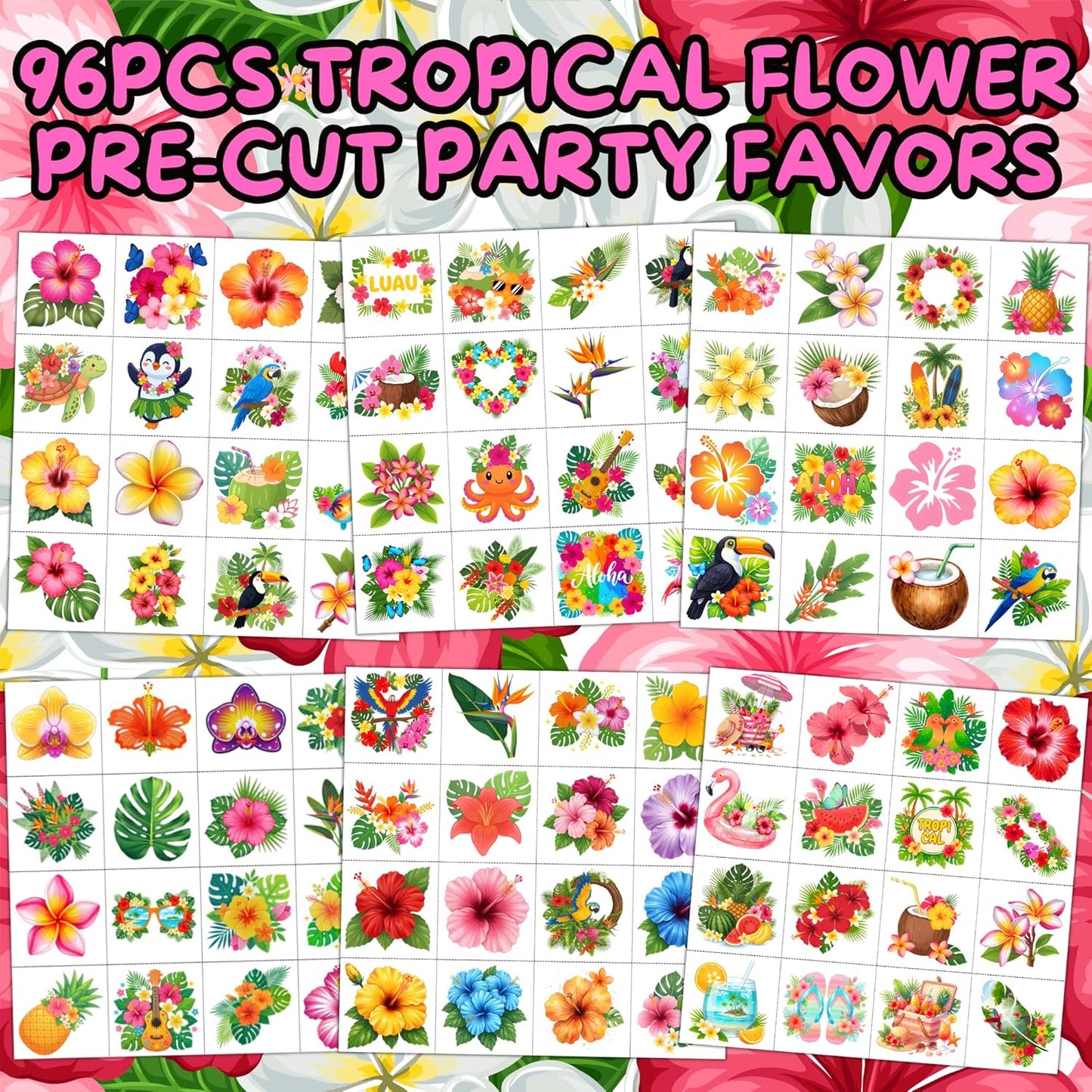 Tropical Flower Hawaiian Temporary Tattoos for Kids - 96 PCS Pre-cut Hawaii Luau Hibiscus Plumeria Party Favors Flower Summer Waterproof Stickers for Summer Aloha Party Decoration Supplies