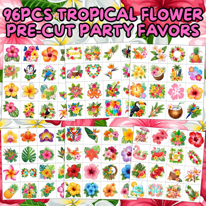 Tropical Flower Hawaiian Temporary Tattoos for Kids - 96 PCS Pre-cut Hawaii Luau Hibiscus Plumeria Party Favors Flower Summer Waterproof Stickers for Summer Aloha Party Decoration Supplies