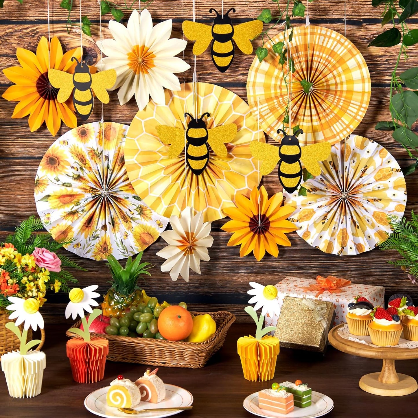 PAPER JAZZ Paper Flowers with Paper Fan Boho Hanging Decor Artificial Flowers Decorations for Wall Pink and Orange Party Decorations for Classroom, Beach Party, Summer Birthday Party Pack of 11.