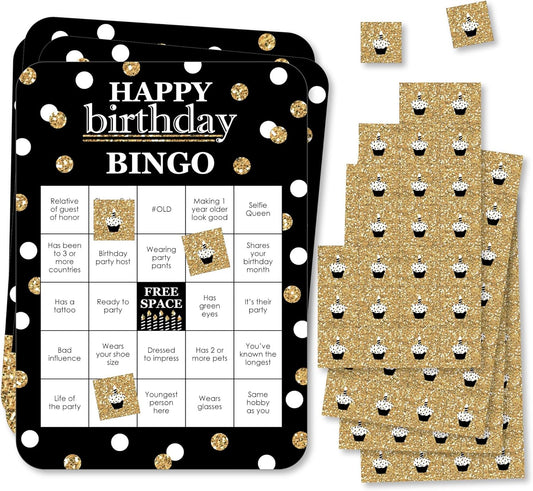 Big Dot of Happiness Adult Happy Birthday - Gold - Find The Guest Bingo Cards and Markers - Birthday Party Bingo Game - Set of 18