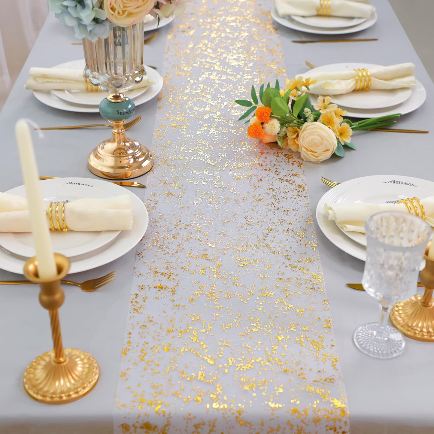Snowkingdom 2 Pieces Gold Table Runner, Sequin Glitter Foil Metallic Thin Mesh Runner Roll 11"x108", Gold Table Decorations for Event Party, Wedding, Birthday Party, Christmas