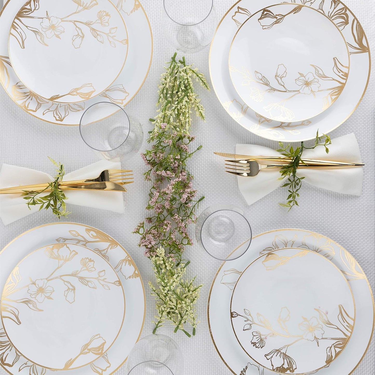 PLASTICPRO [16 OZ 20 Count] White Plastic Floral Design Party Soup bowls With Gold Rim Premium heavyweight Elegant Disposable Tableware Dishes