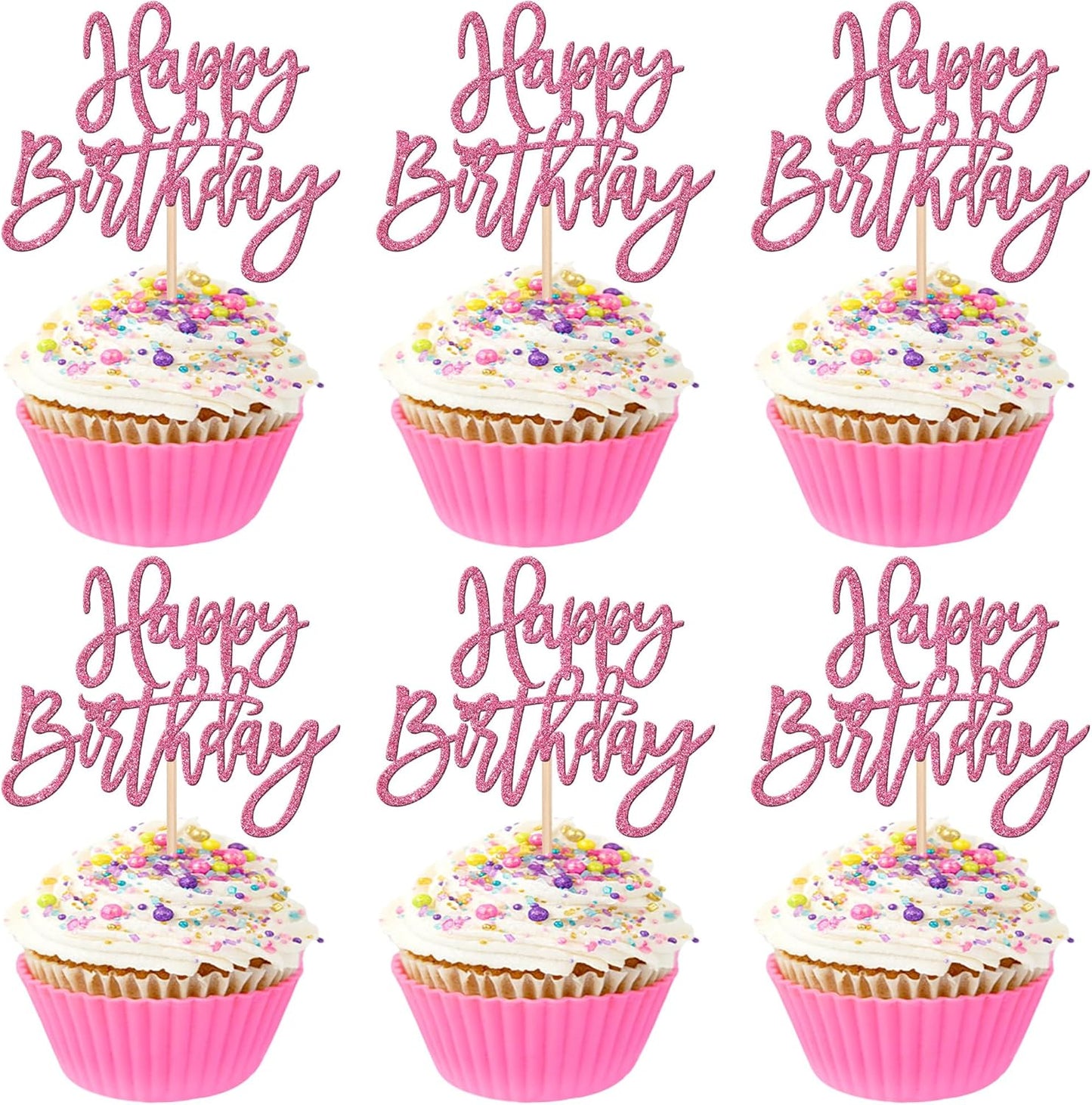 24 PCS Happy Birthday Cupcake Toppers Glitter Picks for Celebrating Anniversary Theme Party Cake Decorations Supplies Gold