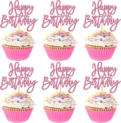 24 PCS Happy Birthday Cupcake Toppers Glitter Picks for Celebrating Anniversary Theme Party Cake Decorations Supplies Gold