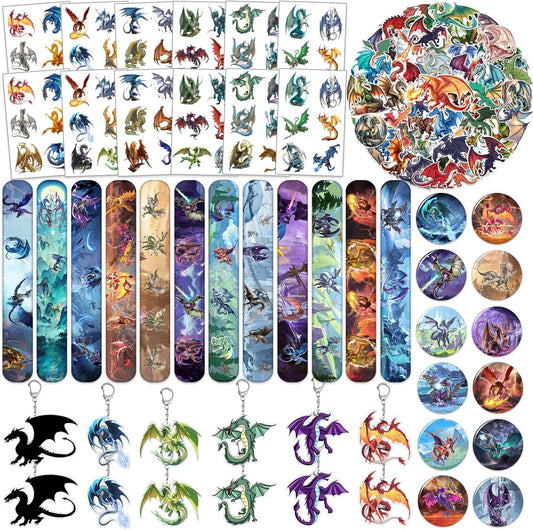 98PCS Dragon Birthday Party Favors Dragon Party Supplies Decorations Dragon Themed Slap Bracelets Stickers Dragon Button Pins Acrylic Dragon Key Ring Temporary Tattoos