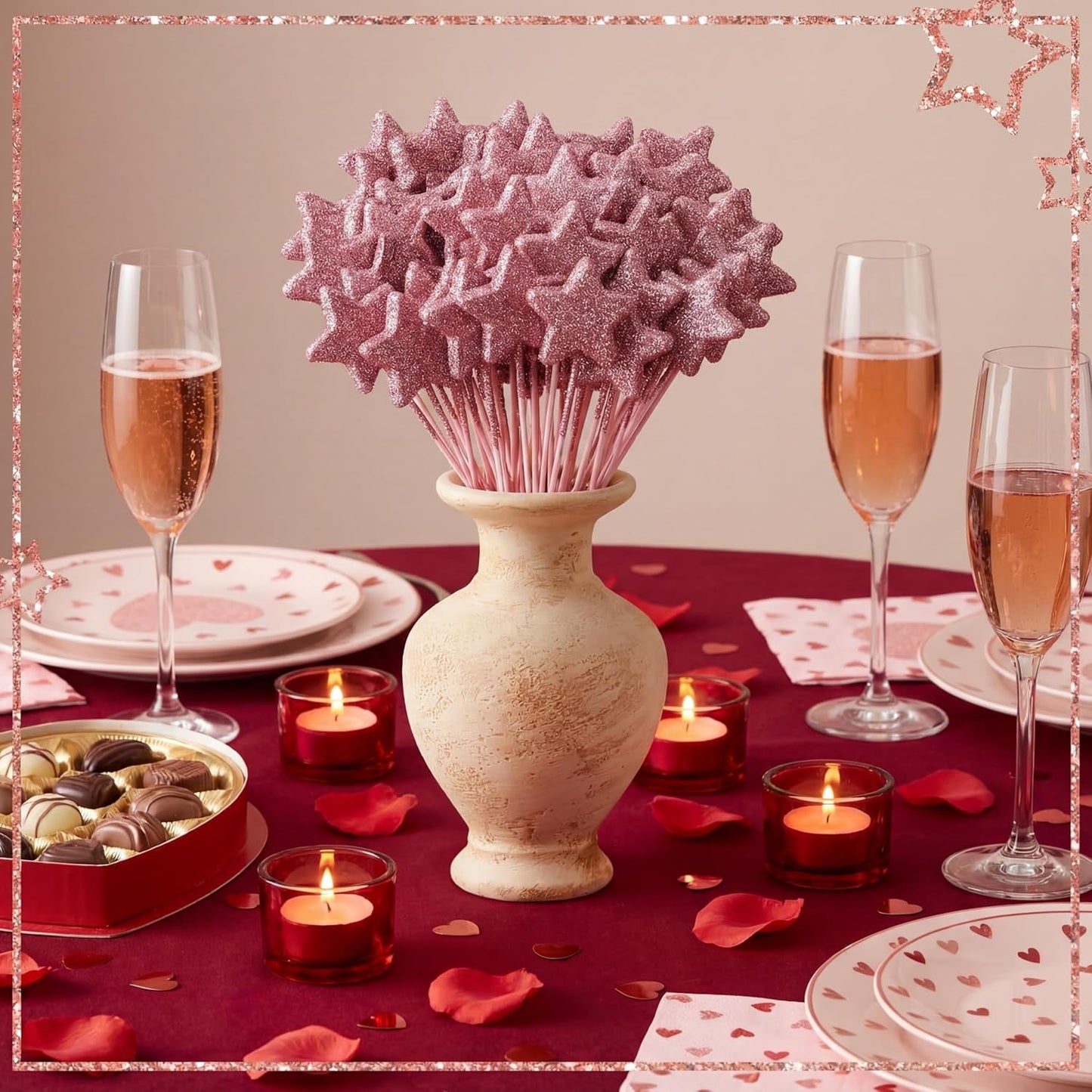 Suzile 60 Pcs Golden Star Floral Pick 8'' Star Centerpiece Table Decor Gold Glitter Craft Stick Sparkly Foam Stem for Floral Arrangement Wreath Wedding Bridal Baby Shower Birthday Stars Arrangement