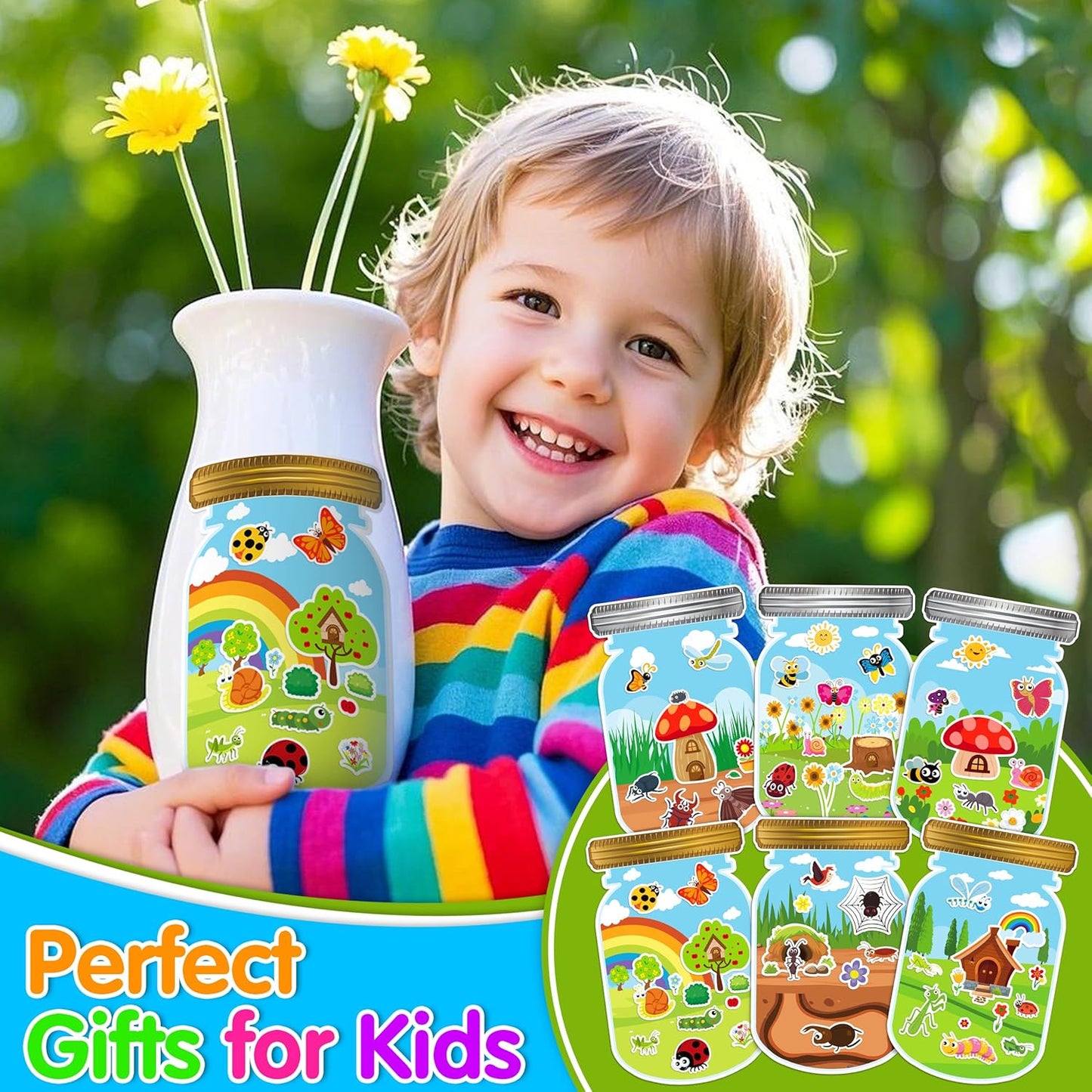 LINAYE 24 Sheets Insect Stickers with Jar Scenes, Make Your Own Bug Jar Stickers, Spring Crafts Activities for Kids Spring Party Decorations Supplies for Kids