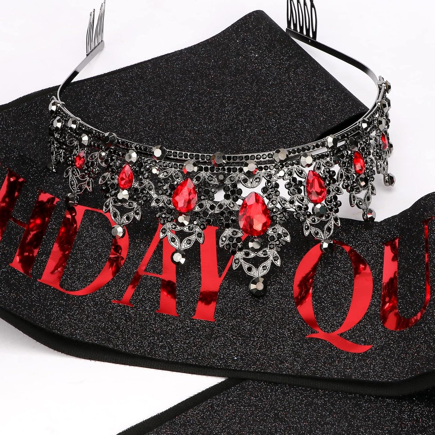 CAVETEE Red Black Birthday Crown and Sash for Women Sash & Rhinestone Tiara Set Red and Black Party Decorations Birthday Queen Crowns Tiaras for Women