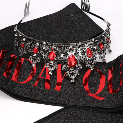 CAVETEE Red Black Birthday Crown and Sash for Women Sash & Rhinestone Tiara Set Red and Black Party Decorations Birthday Queen Crowns Tiaras for Women