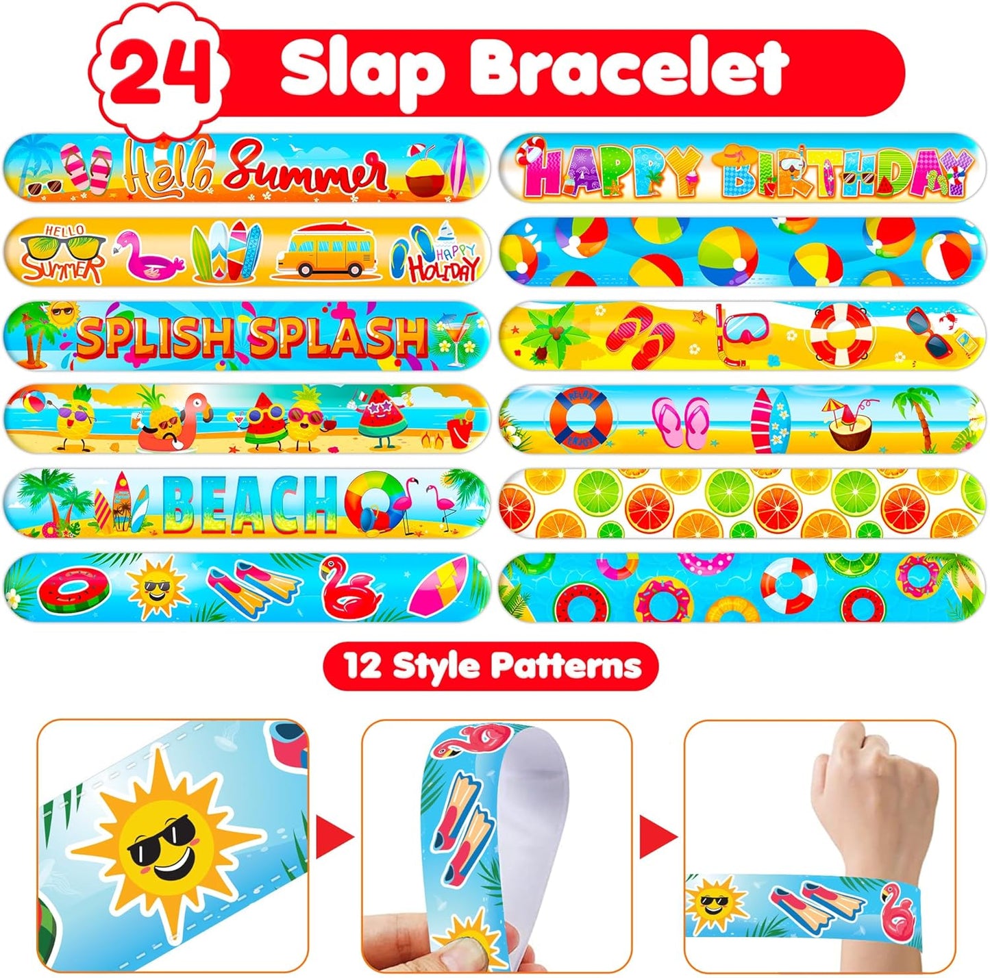 Cherisnowy 48PCS Beach Party Favors – 24PCS Temporary Pre - cut Tattoos & 24PCS Slap Bracelets – Summer & Ocean-Themed Birthday Supplies, Baby Shower Gifts, Classroom Rewards & Party Decor for Kids